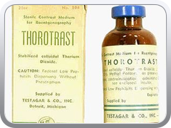 Thorotrast (thorium dioxide) was widely used as a contrast agent in the 1930s and 1940s until the dangers of its own radioactivity (it was an alpha emitter) became evident when patients developed liver tunors from its long-term effects.